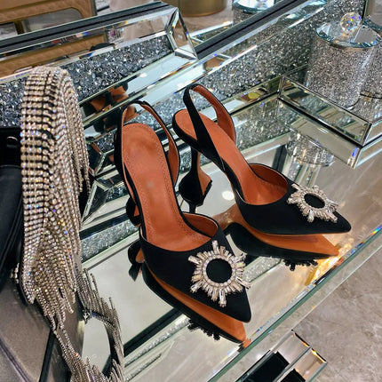 2025 European and American Women's New High Heel Sandals Sunflower Water Diamond Buckle High Heels Pointed Heel Satin Shoes