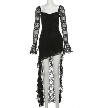 Mesh Patchwork Long Dresses Autumn Style Square Collar Flared Sleeve Ruffle Ribbon Street Sexy