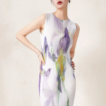 Sleeveless round neck dress for women 2023 new high-end printed pleated straight tube  vestidos elegantes para mujer