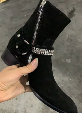 Black Buckle Genuine Leather Ankle Boots for Men Low-heeled Western Boots Safety Shoes Man for Work Handmade Winter Desert Boots