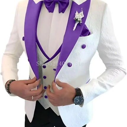 Floral Jacquard 3 Piece Suits for Wedding Slim Fit One Button Tuxedos Blazer Double Breasted Vest Pants
