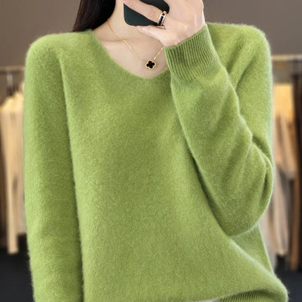 Fashion100% Merino Wool Sweater Cashmere  Pullover Women Knitwear V-Neck Long Sleeve  Autumn Winter Fashion Basic Clothing  Tops