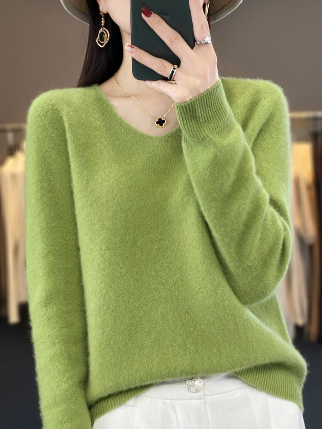 Fashion100% Merino Wool Sweater Cashmere Pullover Women Knitwear V-Neck Long Sleeve Autumn Winter - product image 2