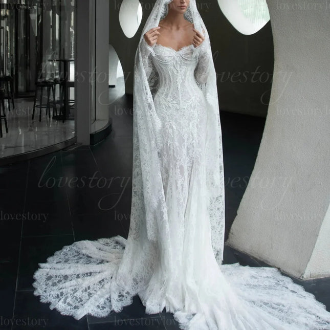 Maßgeschneiderte Hochzeitskleider Spitze schulterfrei Exquisite Brautroben Perlen Meerjungfrauen-Brautkleid Klassisches vestido de novia
