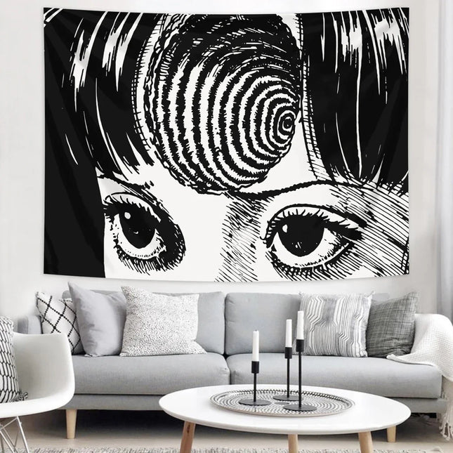 Black and White Hypnotic Eyes Horror Comic Tapestry Gothic Room Decor Bedroom Dormitory Wall Hanging Decorative Hanging Cloth