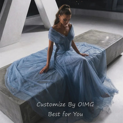 OIMG Pastrol Dusty Blue Mermaid Prom Gowns Off The Shoulder Pleated Party Gown Tulle Floor Length Evening Dress Customized