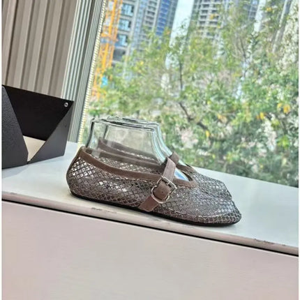 Hollow Mesh Rhinestone Ballet Shoes For Women, Flat Bottomed Mary Jane Single Shoes, Straight Strap Fishing Net Shoes