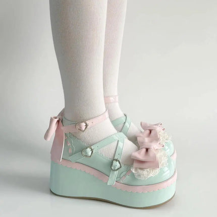 Sweet Lolita Style Girls Flat Platform ,Female Students Cute Bowknots Mary Jane Ankle Strap Elevator Shoes