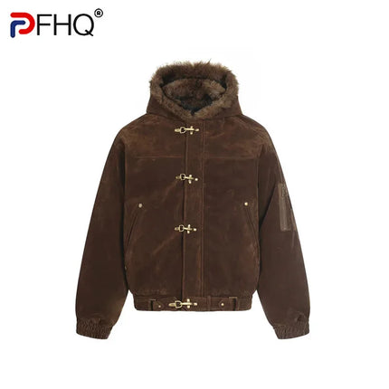 PFHQ American Style Men's Cotton Coats Hooded Faux Fur Metal Single Breasted Loose Solid Color Male Winter New Jackets CPG4887