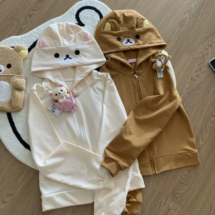 Japanese Kawaii Zip Up Sweatshirt Women Sweet Cute Cat Ear Hat Long Sleeve Loose Jacket for Girls Cute Soft Girl Fall Outfit New