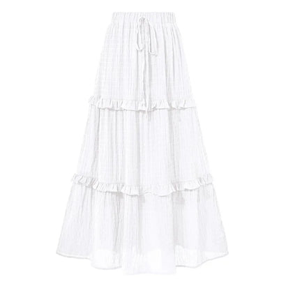 Elegant Women Long Tiered Skirt Summer Autumn Casual Ruffled Shirred Frill Trim Elastic Waist Drawstring A-Line Skirt Streetwear