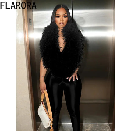 FLARORA Sexy Faux Fur Jumpsuits Woman Halter Deep V Neck Sleeveless Backless Bodycon One Piece Playsuits Elegant Party Clubwear