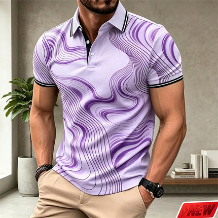 Fashion Wavy Line Graphic Polo Shirt Men Casual Business Handsome Short Sleeve Top Summer Streetwear Colorful 3d Print Lapel Tee