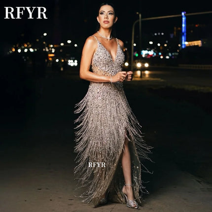 RFYR Shiny Evening Dress with Tassels Luxury Party Dress Prom Dress Beading Party Dress for Women Vestidos De Noche Customized