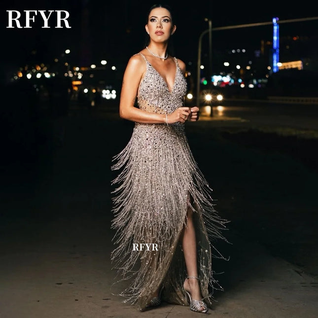RFYR Glänzendes Abendkleid mit Quasten Luxus Partykleid Ballkleid Perlenbesetztes Partykleid für Damen Vestidos De Noche Maßanfertigung