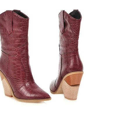 New Classic Embroidered pointed Sexy Cowboy Boots for Women Leather Cowgirl Boots High Heels Shoes Mid Calf Woman Boots Large
