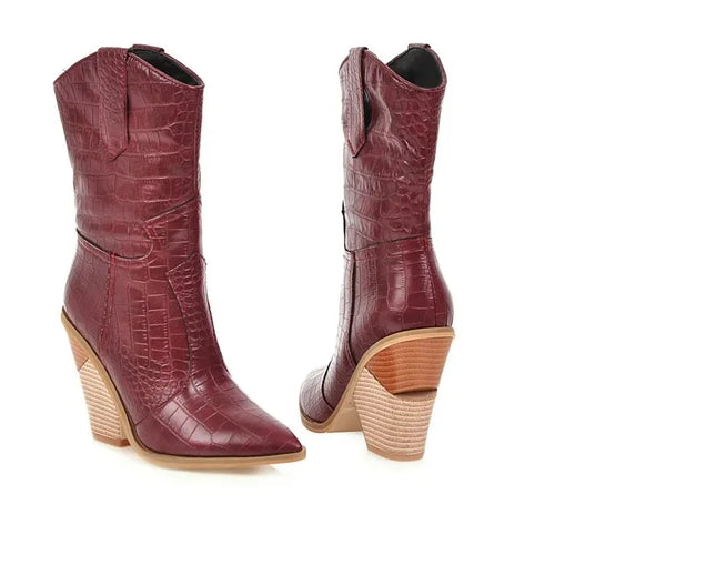 New Classic Embroidered pointed Sexy Cowboy Boots for Women Leather Cowgirl Boots High Heels Shoes Mid Calf Woman Boots Large
