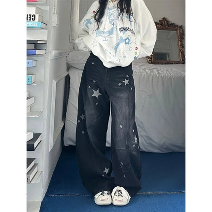 Women's Star Print Wide Leg Jeans Spring Autumn New American Style Loose Baggy Tapered Trousers Casual Streetwear Denim Pants