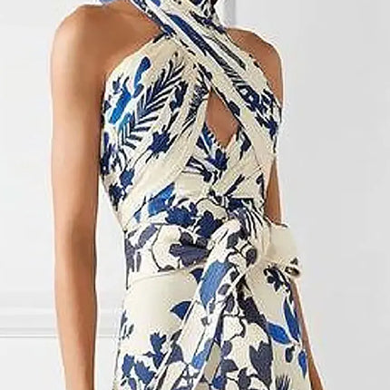 Elegant Women's Printed Vestidos Sleeveless Neck-mounted Female Formal Wear Aesthetic Layered Ruffled Hem Evening Party Dresses