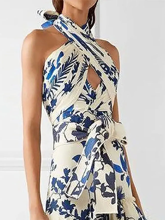 Elegante bedruckte ärmellose Damenkleider, Neckholder, formelle Damenbekleidung, ästhetische, mehrlagige Rüschensaum Abendkleider