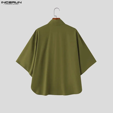 INCERUN Men Shirt Solid Stand Collar Short Sleeve Men Clothing Loose Korean Style Streetwear Fashion Casual Tops Male Shirts