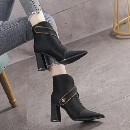 Pointed Toe Booties Women 2025 Fall Winter New Trendy Fashion Block Heel High Heel Boots Front Zipper Skinny Boots