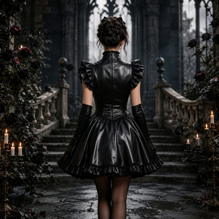 Gothic Gold Satin Maid Costume Prom Dress Corset Lace Up Ruffle High Neck Bow Short Halloween Cosplay Party Dress Customized
