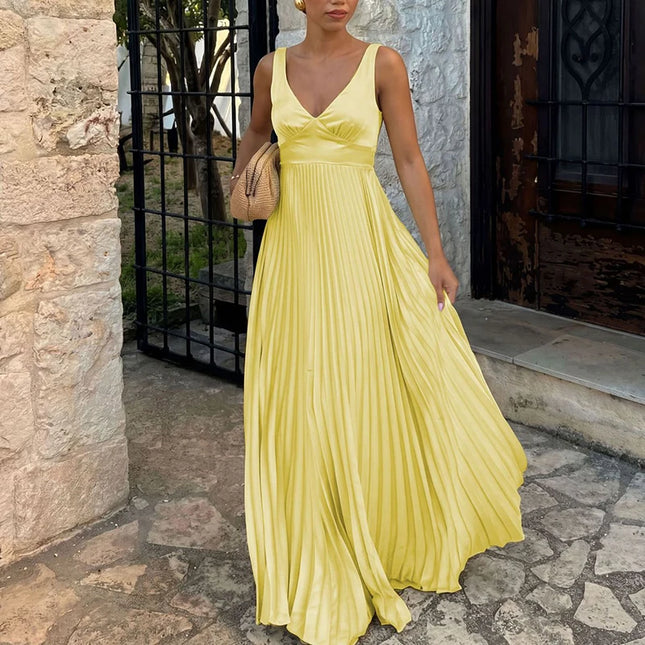 Sommer Plissiertes Bankettkleid Elegantes V-Ausschnitt Ärmelloses Neckholder-Abendkleid Temperament High Waist Hohlkleid