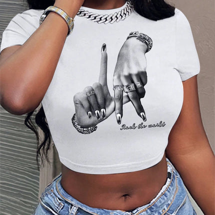 2026 Summer Casual Minimalist LA Hand Sign Hip Hop Print Short Sleeve Women's T-shirt Crop Top Tee Y2k Ladies Clothes Female Tee