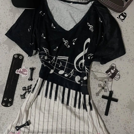 Y2K Gothic Music Tee Piano Keyboard Musical Notes Print V-Neck T-Shirt Women 2000s Grunge Japanese E-girls Retro Tees hottie top