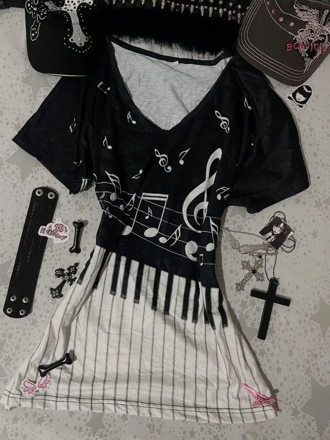 Y2K Gothic Music T-Shirt Klaviertastatur Noten Druck V-Ausschnitt T-Shirt Damen 2000er Grunge Japanische E-Girls Retro T-Shirts Hottie Top