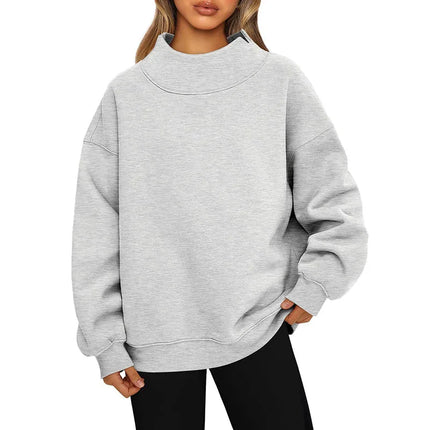 Casual Commuter Comfort Pullover Loose-Fit Solid-Color Half-High Neck Crew Neck Sweatshirt Top