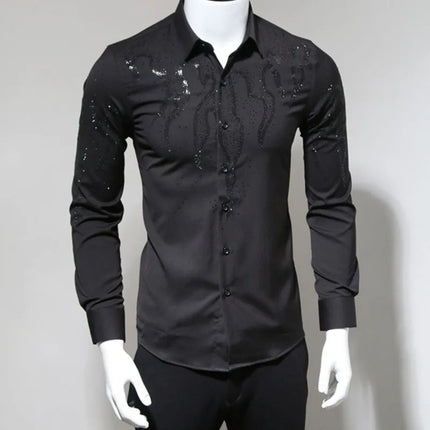 Men's Spring Autumn Light Luxury Rhinestone Shirt Fashion Versatile Slim Fit Long Sleeve Stylish Casual Button Down Top