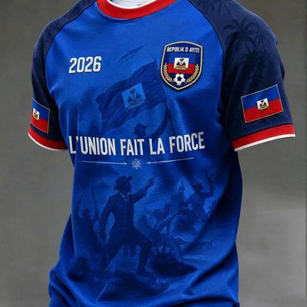 2026 New Haiti Blue Football Jersey Men's Crew Neck Sportswear with "HAITI" Text & Flag Print Casual & Training Tops Tees