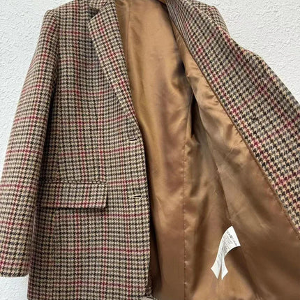Women's Brown Houndstooth Blazer Retro Oversized Mid-Length Button Down Jacket Streetwear
