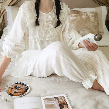 Cute Women Princess Ruffle Pajama Sets Tops+Pants.Vintage Lady White Jacquard Cloth Pyjamas Set Victorian Girl's Home Sleepwear