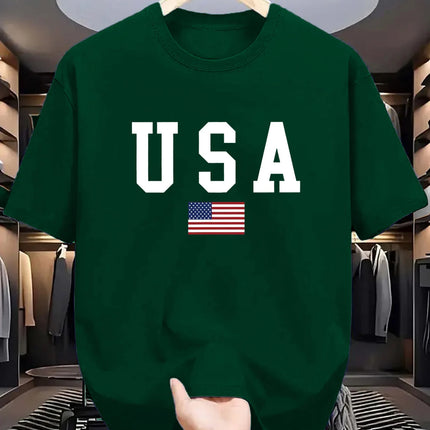 Men's summer 100% cotton fashionable casual loose fit USA American National Flag Graphic round neck short sleeved T-shirt top