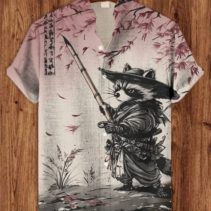 Men's Quirky Retro Cat Printed Linen Shirt Short Sleeve Fashionable Stand up Collar Outdoor Casual Party Wear