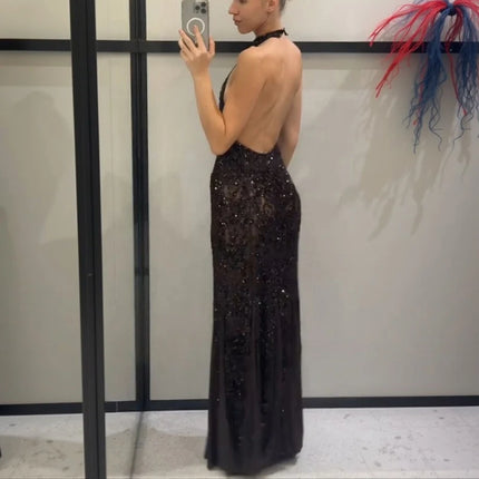 Elegant Sequin Shiny Halter Long Dress Fashion Sexy See Through Sleeveless Backless Slim Fit Gown NEW Lady Evening Party Outfit