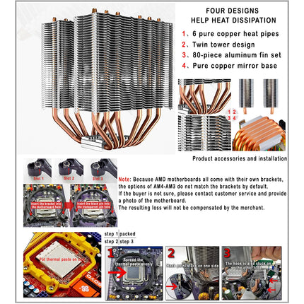 x99 Processor Cooler 6 Heat Pipes Cpu Cooler For Intel Lga 2011-V3 1700 1151 AM4 AM3 4PIN PWM IWONGOU Hurricane Air Cooler Cpu