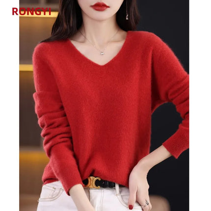 Sweater 100% Merino Wool Knitwears Autumn Winter Cashmere Knitted V-Neck Pullover Solid Jumper Clothing Tops