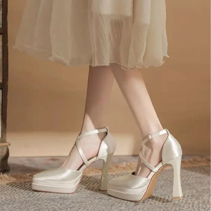 Pointed Toe Shallow Mouth Block Heel Hollow Platform Super High Heel Single Shoes Women's Anti-Slip Wear-Resistant Shoes