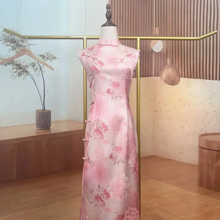 Womens Pink Floral Sleeveless Qipao Improved Chinese Style Maxi Dress