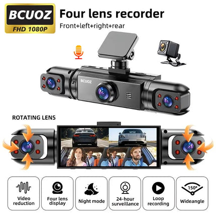 BCUOZ 4-Lens 360° Dashcam 1080P Front 720P Rear Left Right Car Cameras Super Night Vision Loop Recording G-Sensor WDR 12-24V Plug Power Supply Optional 64GB Memory Card