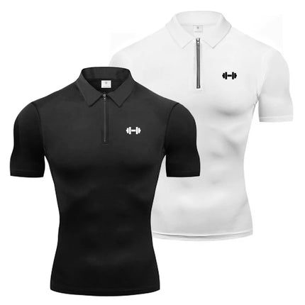 Summer Quick Dry Short Sleeve Polo Shirts Compression Tight Mens Bodybuilding Muscle Shirts Gym Fitness Trainer Trainning Polos