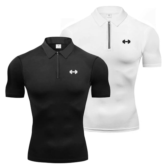 Summer Quick Dry Short Sleeve Polo Shirts Compression Tight Mens Bodybuilding Muscle Shirts Gym Fitness Trainer Trainning Polos