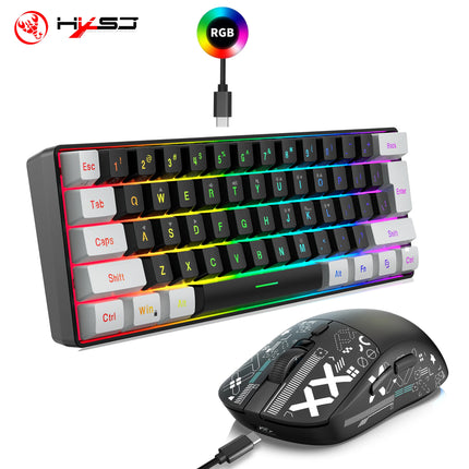 HXSJ-60% RGB Backlit Gaming Keyboard and Mouse Set 61-Key Wired Keyboard 3-Mode Optical Gaming Wireless Mouse for - product i