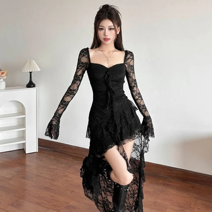 Mesh Patchwork Long Dresses Autumn Style Square Collar Flared Sleeve Ruffle Ribbon Street Sexy