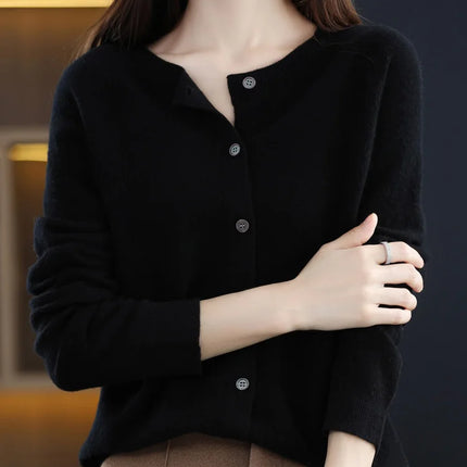 New Fashion Spring 100% Merino Wool Womens O-neck Cardigan Cashmere Sweater 2024 Female Clothing Grace Knitwear Korean Tops