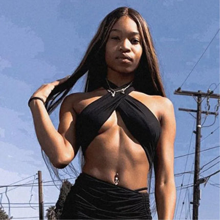 Sexy Cross Halter Corset Tank Tops Y2K Fashion Black Hollow Out Camis Women Tube Tops Backless Slim Crop Top 2024 Woman Clothing
